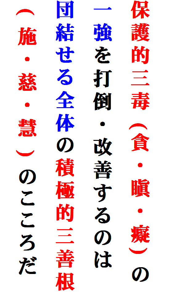 
保護的三毒 (貪・瞋・癡) の
一強を打倒・改善するのは
団結せる全体の積極的三善根
 ( 施・慈・慧 ) のこころだ